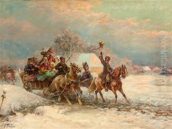 Hochzeitsgesellschaft Auf Einem Fuhrwerk In Winterlandschaft - view 1