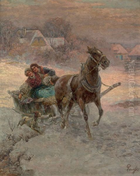 Rasante Schlittenfahrt Durch Eine Verschneite Winterlandschaft Im Abendrot - view 1