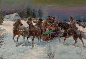 Winterliche Pferdeschlittenfahrt Mit Brautgesellschaft Und Verehrendem Brautigam