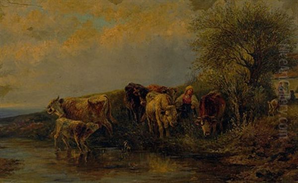 Hirtin Mit Kuhen An Der Tranke In Sommerlicher Landschaft - view 1