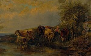 Hirtin Mit Kuhen An Der Tranke In Sommerlicher Landschaft thumbnail