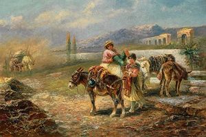 Rastendes Junges Paar Mit Maultieren An Brunnen In Sudlicher Landschaft