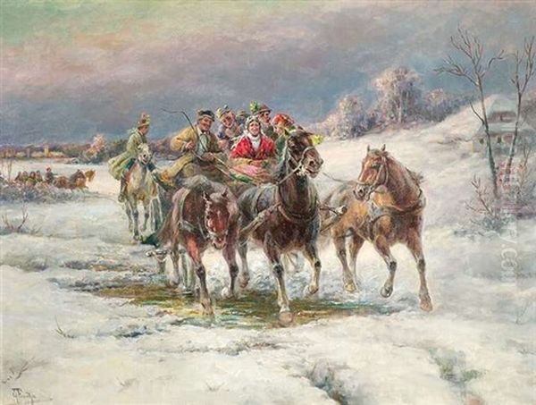 Lustige Gesellschaft In Einer Troika In Winterlandschaft - view 1