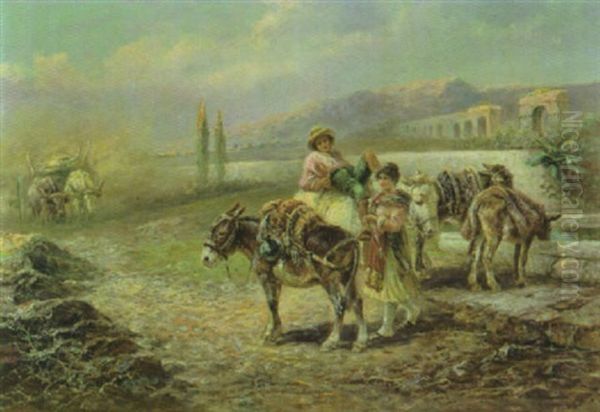 Bauernpaar Mit Maultieren In Der Campagna Mit Einem Aquadukt Rechts - view 1