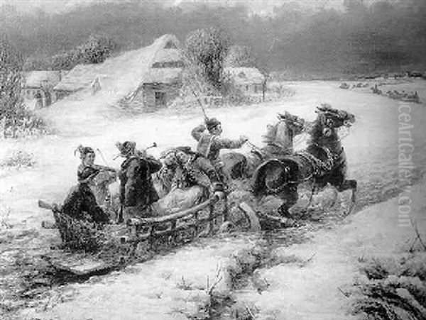Frohliche Schlittenpartie In Winterlandschaft - view 1