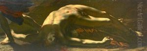 Figure D'homme Nu Allonge; Reprise De La Victime Dans La Justice Et La Vengeance Divine Poursuivant Le Crime by Pierre-Paul Prud'hon