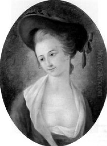 Portrait Of A Woman Wearing A Red Dress With Lace Collar And A Blue Ribboned Hat by Pierre-Paul Prud'hon