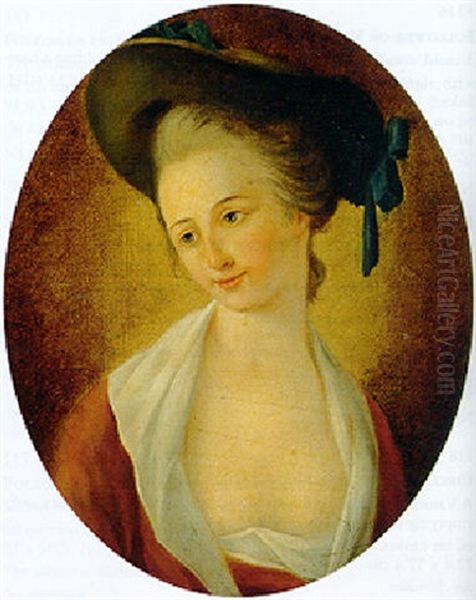 Portrait Of A Woman, Small Half Length Wearing A Red Dress With Lace Collar And A Blue Ribboned Hat - view 1