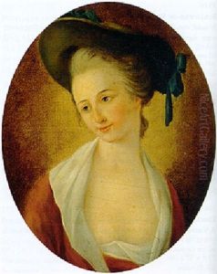 Portrait Of A Woman, Small Half Length Wearing A Red Dress With Lace Collar And A Blue Ribboned Hat by Pierre-Paul Prud'hon