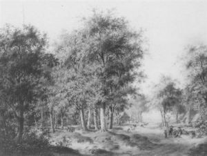 Boslandschap Met Hutjes En Figuren Op Een Weg