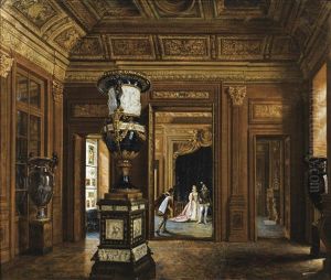 La Salle Henri Ii Du Louvre Avec Des Personnages En Costume D'epoque by Lucien Przepiorski