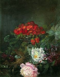 Nature Morte A La Coupe De Fraises Et Fleurs by Lucien Przepiorski