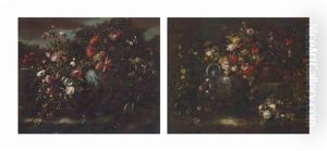 Flowers In Urns And Vases In A Garden (pair) by  Pseudo Guardi
