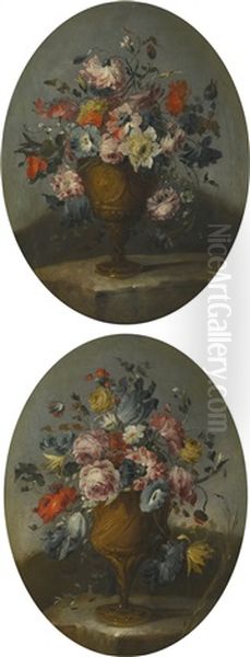 A Pair Of Still Lifes Of Roses, Anemones, Tulips And Other Flowers In Bronze Urns, Resting On Stone Ledges - view 1