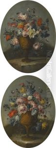 A Pair Of Still Lifes Of Roses, Anemones, Tulips And Other Flowers In Bronze Urns, Resting On Stone Ledges by Pseudo Guardi