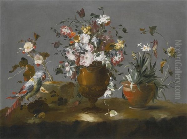 A Still Life With Roses, Carnations And Other Flowers In A Vase, A Potted Daffodil And A Parrot On A Ledge - view 1