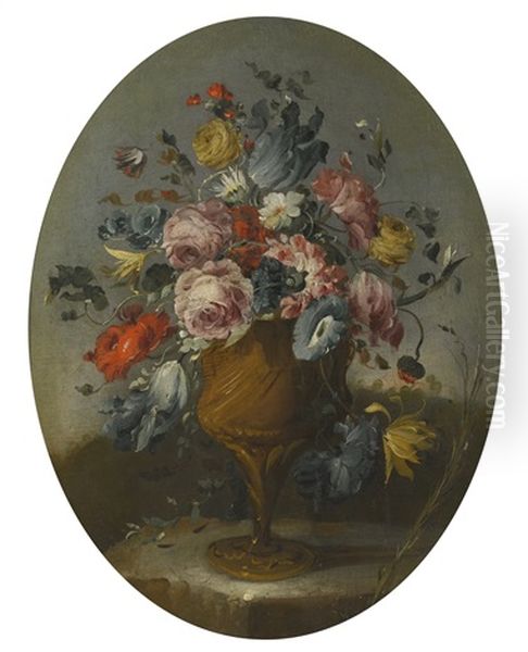 A Pair Of Still Lifes Of Roses, Amenones, Tulips And Other Flowers In Bronze Urns, Resting On Stone Ledges - view 1