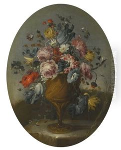 A Pair Of Still Lifes Of Roses, Amenones, Tulips And Other Flowers In Bronze Urns, Resting On Stone Ledges by Pseudo Guardi