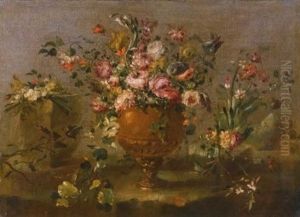 A Still Life With Roses, Carnations And Other Flowers In A Vase On A Ledge by  Pseudo Guardi