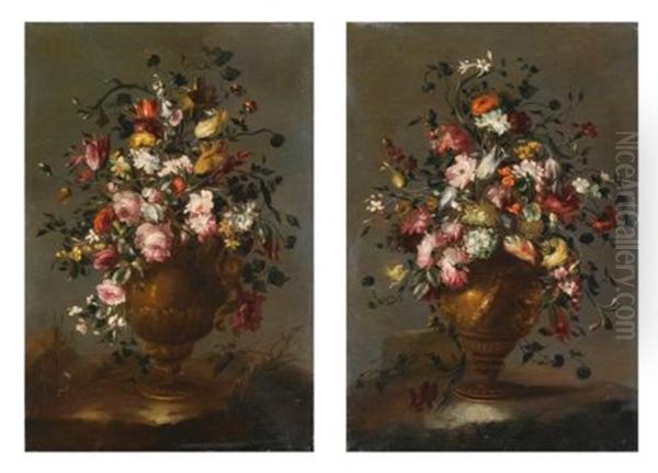 Two Still Lifes With Roses, Tulips, Viburnums, Sunflower, Poppies And Other Flowers In A Vase (pair) - view 1