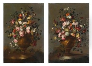 Two Still Lifes With Roses, Tulips, Viburnums, Sunflower, Poppies And Other Flowers In A Vase (pair) by  Pseudo Guardi