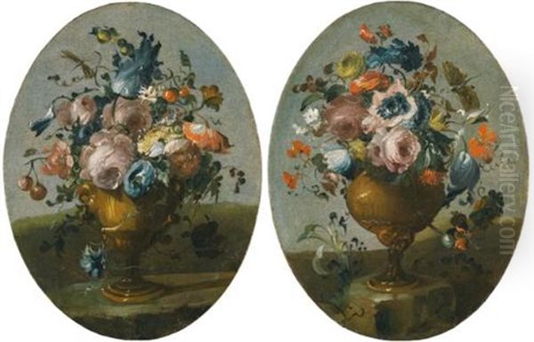 A Pair Of Still Lifes Of Roses, Anemones, Tulips And Other Flowers In Bronze Urns, Resting Upon Stone Ledges (pair) - view 1