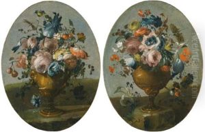 A Pair Of Still Lifes Of Roses, Anemones, Tulips And Other Flowers In Bronze Urns, Resting Upon Stone Ledges (pair) by Pseudo Guardi