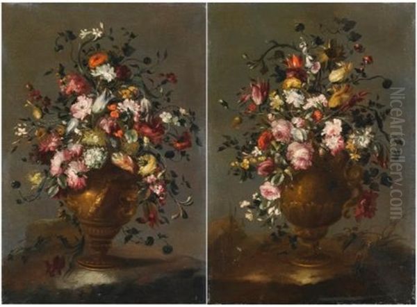Two Still Lifes With Roses, Tulips, Viburnums, Sunflower, Poppies And Other Flowers In A Vase (pair) - view 1