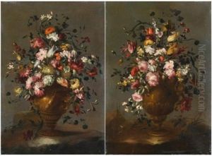 Two Still Lifes With Roses, Tulips, Viburnums, Sunflower, Poppies And Other Flowers In A Vase (pair) by Pseudo Guardi