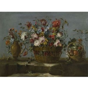Still Life Of A Basket Of Flowers On A Rock Ledge, With A Vase Of Flowers And A Basket Filled With Fruit And Vegetables by Pseudo Guardi