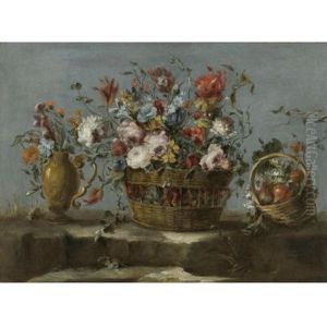 Still Life Of A Basket Of Flowers On A Rock Ledge, With A Vase Of Flowers And A Basket Filled With Fruit And Vegetables by Pseudo Guardi