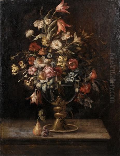 Tulips, Roses, Narcissi And Other Flowers In A Vase With A Pear And Plums On A Table Top - view 1
