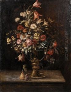 Tulips, Roses, Narcissi And Other Flowers In A Vase With A Pear And Plums On A Table Top Tulips, Roses, Narcissi And Other Flowers In A Vase With A Pear And Plums On A Table Top