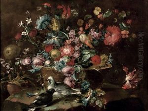 Flowers Including Roses And Tulips In A Basket, With A Pair Of Pigeons Nearby