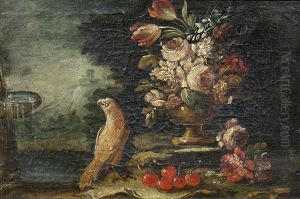 Stillleben Mit Einem Sittich Und Blumen In Einer Steinvase Vor Einer Parklandschaft
