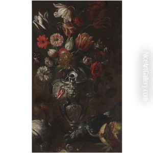 A Still Life With Tulips, Carnations And Other Flowers In A Wicker Basket A Still Life With Tulips, Carnations And Other Flowers In A Wicker Basket