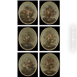 Still Lifes Of Flowers In Vases Arranged On Stone Ledges (set Of 6) by Pseudo Guardi