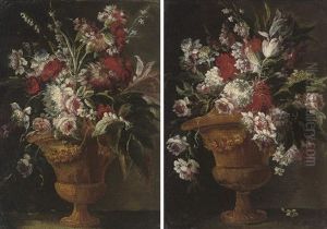 Tulips, Roses, Narcissi And Other Flowers In A Sculpted Urn (+ Roses, Chrysanthemums, Narcissi, Bluebells And Other Flowers In A Sculpted Urn; Pair) by Pseudo Guardi