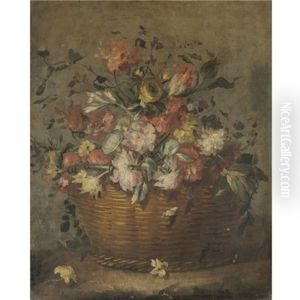 A Still Life With Roses, Tulips And Various Other Flowers In A Basket On A Ledge by Pseudo Guardi