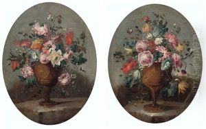 Roses, Carnations, Narcissi And Other Flowers In An Vase On A Ledge (+ Roses, A Tulip, Carnations, And Other Flowers In An Vase On A Ledge; Pair) Roses, Carnations, Narcissi And Other Flowers In An Vase On A Ledge (+ Roses, A Tulip, Carnations, And Other Flowers In An Vase On A Ledge; Pair)