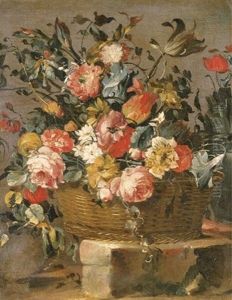Flowers In A Basket On A Stone Ledge Flowers In A Basket On A Stone Ledge