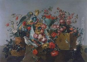 An Upturned Wan-li Kraakware Bowl Filled With Flowers, A Basket Of Figs, And A Parrot (+ A Wan-li Kraakware Dish Of Pears With A Bronze Urn Filled With Flowers And A Cockerel On A Stone Ledge; Pair) An Upturned Wan-li Kraakware Bowl Filled With Flowers, A Basket Of Figs, And A Parrot (+ A Wan-li Kraakware Dish Of Pears With A Bronze Urn Filled With Flowers And A Cockerel On A Stone Ledge; Pair)