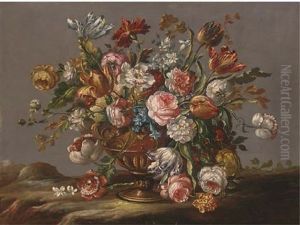Parrot Tulips, Roses, Narcissi And Other Flowers In An Urn In A Clearing by Pseudo Guardi