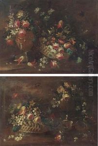 Narcissi, Parrot Tulips, Chrysanthemums And Other Mixed Flowers In A Basket And Scattered In A Clearing (+ Parrot Tulips, Roses, Narcissi, Daffodils, Chrysanthemums And Other Flowers, Larger; 2 Works) by Pseudo Guardi