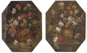 Mixed Flowers In A Vase On A Ledge (+ Mixed Flowers In A Vase On A Ledge; Pair) by Pseudo Guardi