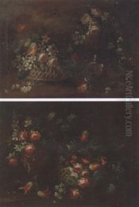 Narcissi, Parrot Tulips, Chrysanthemums And Other Mixed Flowers In A Basket, Scattered In A Clearing by Pseudo Guardi