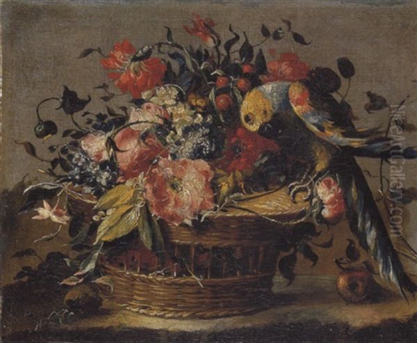 Natura Morta Di Fiori In Un Cestino Ed Un Pappagallo - view 1