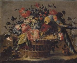 Natura Morta Di Fiori In Un Cestino Ed Un Pappagallo