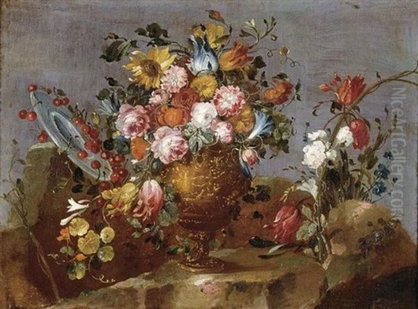 Still Life Of Flowers In A Vase Resting On A Stone Ledge With A Plate Of Cherries - view 1