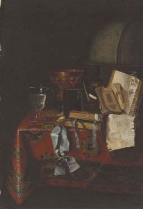 A Globe, Books, A Brass Goblet, A Glass Of Wine And Other Objects On A Draped Table A Globe, Books, A Brass Goblet, A Glass Of Wine And Other Objects On A Draped Table